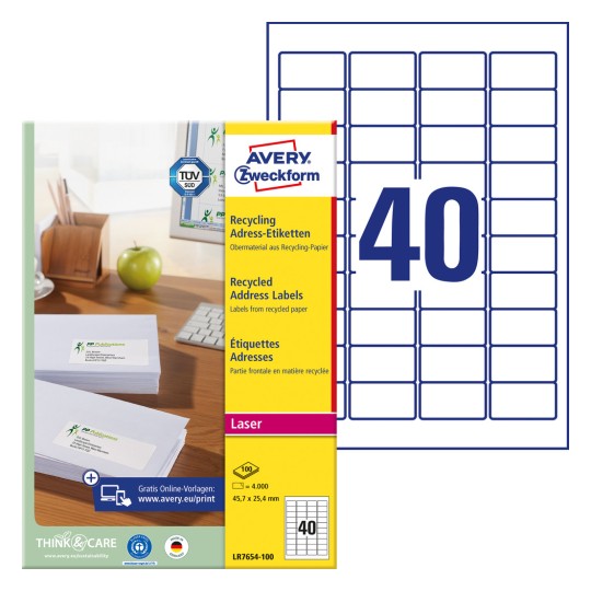 Slika pakiranja s listom etiketa: Avery Zweckform reciklirane adrese-etikete, artikl: LR7654-100, format: 45,7 x 25,4 mm, pogodno za pisač: crno-bijeli laser, laserski pisač u boji, sadržaj: 4.000 etiketa / 100 listova, 40 etiketa/list?