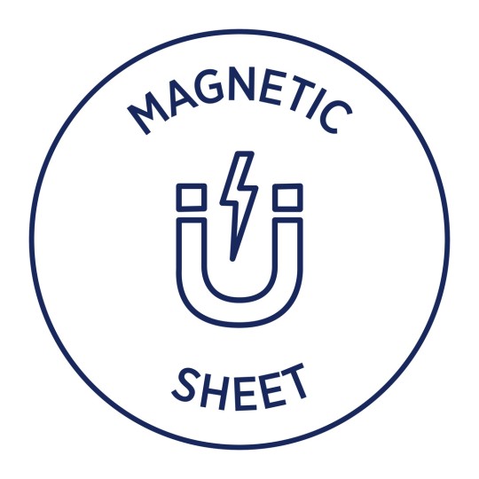 Slika prikazuje kružni dizajn s tekstom 'MAGNETIC SHEET' i ilustracijom U-oblikovanog magneta s munjom u sredini.