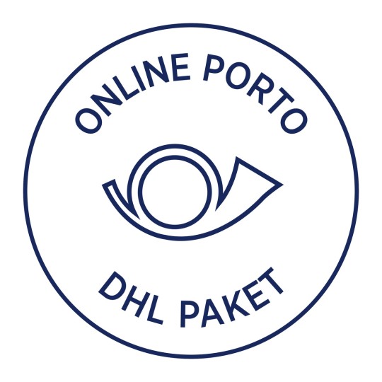Slika prikazuje kružni logo ili štambilj na kojemu piše 'ONLINE PORTO' na vrhu i 'DHL PAKET' na dnu, s grafikom nalik oku u sredini.