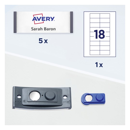 Slika prikazuje pakiranje naljepnica od Averyja s imenom 'Sarah Baron' i količine artikala koje uključuju 5 naljepnica i alat za njihovo upravljanje. Tu je i dijagram koji prikazuje pojedinačni raspored naljepnica s brojem 18.