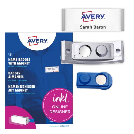 Paketna slika s etiketama: Avery Zweckform, artikl: POL30MA66-20DR, Magnetske oznake za imena, Format: 70 x 30 mm, Pogodno za ispis: Laserski u boji, crno-bijeli laser, Inkjet, Sadržaj: 20 oznaka / 90 umetnutih oznaka / 5 listova, 18 kartica/ list?