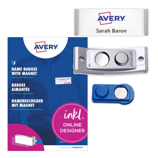 Slika pakiranja s listom naljepnica: Avery Zweckform, Artikl: POL30MA66-5DR, magnetne oznake za imena, format: 70 x 30 mm, prikladno za tiskanje: laserski kolor, laserski crno-bijeli, inkjet, sadržaj: 5 oznaka / 18 umetaka / 1 list, 18 kartica/list?