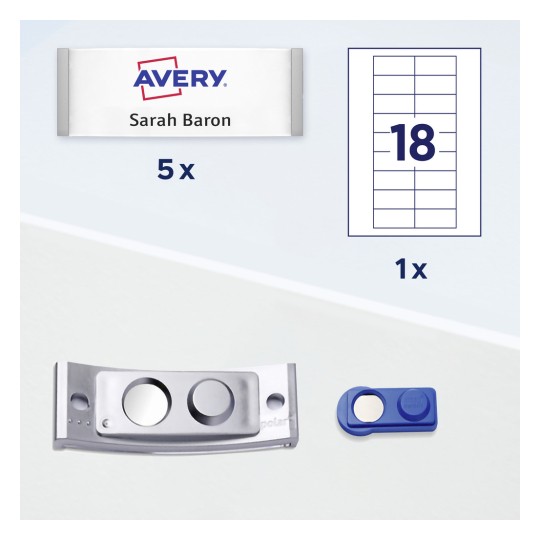 Slika prikazuje Avery naljepnicu s imenom 'Sarah Baron' i naznačuje da postoje 5 naljepnica. Također prikazuje list s 18 mjesta za naljepnice i dva alata za označavanje.