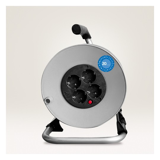 Slika prikazuje kružni kabelski bubanj s četiri utičnice, crvenim indikatorskim svjetlom i ručkom za nošenje. Čini se da je dizajniran za praktičnost u električnim primjenama.