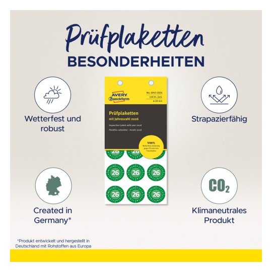 Slika prikazuje inspekcijske naljepnice za godinu 2026., s karakteristikama izdržljivosti i otpornosti na vremenske uvjete, proizvedene od strane Avery Zweckform u Njemačkoj.