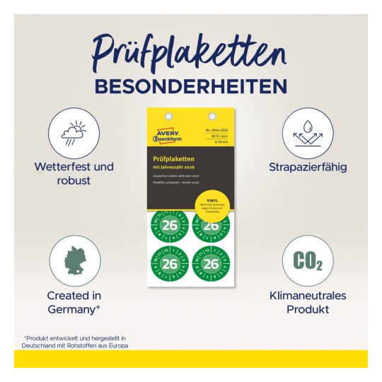 Slika prikazuje inspekcijske naljepnice (Prüfplaketten) tvrtke Avery Zweckform, ističući njihovu trajnost i ekološke značajke. Ključne točke uključuju vodootpornost, robusnost te prikladnost za razne uvjete, s označenom godinom 2026. Također navodi da je proizvod proizveden u Njemačkoj i da je klimatski neutralan.