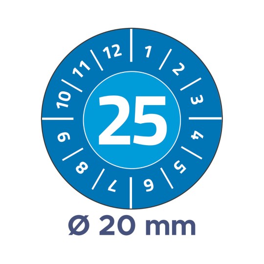 Slika prikazuje plavi kružni brojčanik s brojem 25 istaknutim u središtu. Oko broja nalaze se manji brojevi od 1 do 12, koji označavaju mjere na brojčaniku. Ispod kruga nalazi se tekst 'Ø 20 mm', koji vjerojatno odnosi na veličinu ili dimenziju.