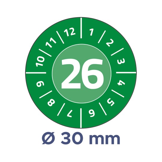 Slika prikazuje zeleni kružni uređaj s brojem 26 istaknutim u sredini, okružen brojevima od 1 do 12 i dodatnim oznakama. Ispod je spomenuto 'Ø 30 mm', što označava promjer.