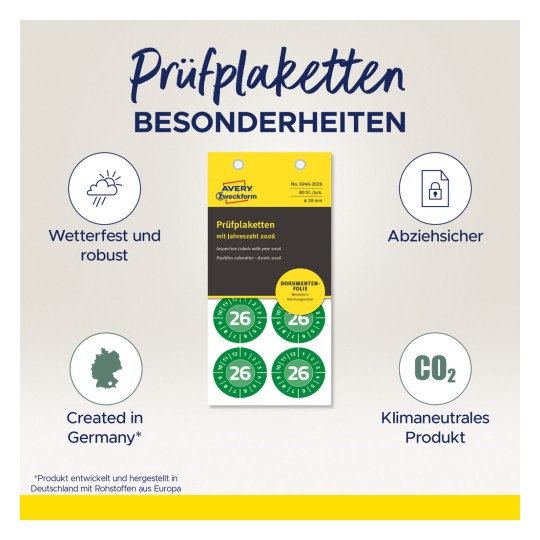 Slika prikazuje ambalažu proizvoda za inspekcijske naljepnice s karakteristikama poput vodootpornosti, robusnosti, zaštite od neovlaštenog pristupa, klimatske neutralnosti i proizvoda proizvedenog u Njemačkoj, namijenjenog za uporabu u 2026. godini.