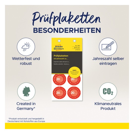 Slika prikazuje naljepnice za inspekciju otporne na vremenske uvjete, ističući značajke kao što su prilagodljiv unos godine, njemačko podrijetlo i proizvod koji ne utječe na klimu. Dizajn je šarolik, s naglaskom na brend Avery.