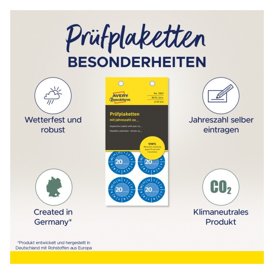 Slika prikazuje oglas za inspekcijske naljepnice tvrtke Avery Zweckform. Ističe značajke kao što su otpornost na vremenske uvjete, mogućnost ručnog unosa godine te da je proizvod izrađen u Njemačkoj i klimatski neutralan.