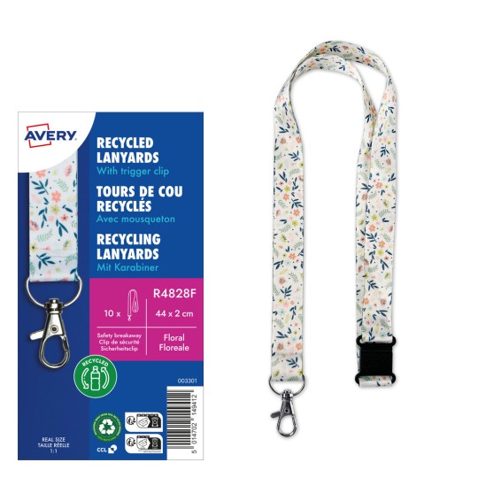 Slika prikazuje reciklirane vrpce s kopčom na okidač, s cvjetnim uzorkom. Ambalaža uključuje detalje o proizvodu, uključujući veličinu i specifikacije.