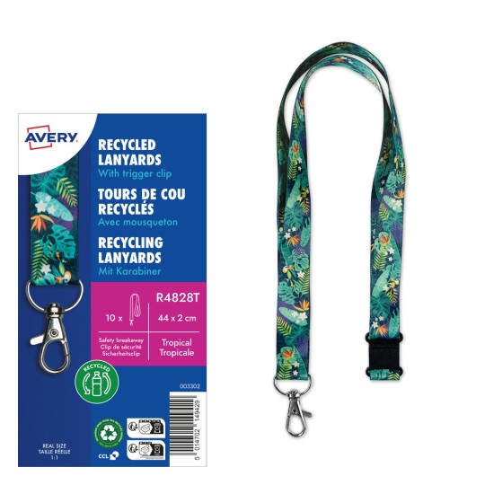 Slika koja prikazuje reciklirane vrpce s tropskim dizajnom, s kopčom na okidač. Ambalaža uključuje brendiranje i detalje o proizvodu na više jezika.