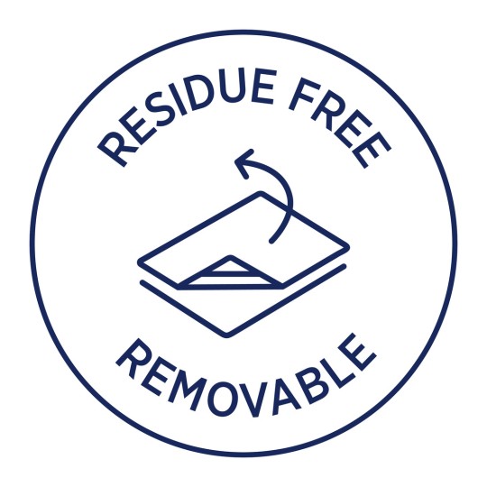 Slika prikazuje okruglu značku s tekstom 'BEZ OSTATAKA' i 'UKLONJIVO' oko ilustracije predmeta koji se uklanja, što ukazuje na to da ne ostavlja ostatke.