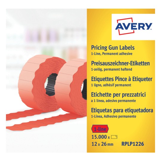 Slika pakiranja: Avery Zweckform naljepnice, Artikl: RPLP1226, Format: 26 x 12 mm, Sadržaj: 15.000 naljepnica / 10 rola, 1.500 naljepnica/rola.