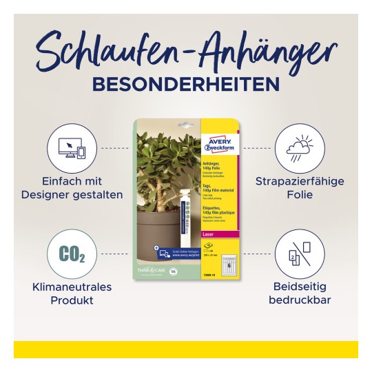 Slika prikazuje dizajn ambalaže za Avery Zweckform oznake. Naglašava razne značajke poput jednostavnog dizajna, izdržljivog filmskog materijala, statusa klimatski neutralnog proizvoda i obostranog ispisa.