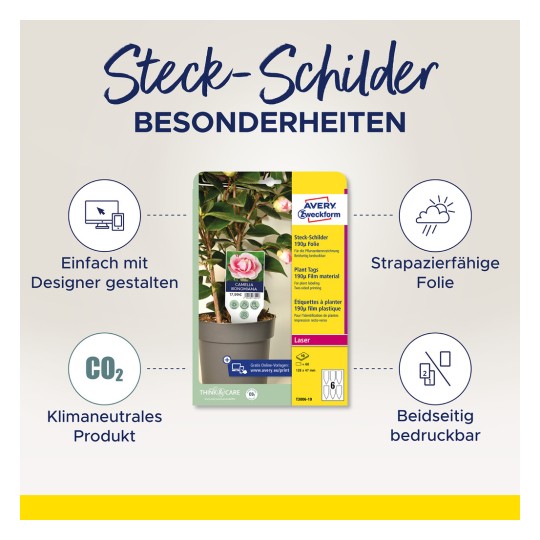 Slika prikazuje pakiranje proizvoda za biljne oznake tvrtke Avery Zweckform, ističući značajke poput prilagodljivog dizajna, izdržljivog filmskog materijala i CO2 neutralnosti. Proizvod je prikladan za laserski ispis i može se ispisivati s obje strane.