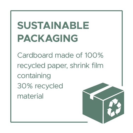 Slika promovira održivu ambalažu, ističući da je karton napravljen od 100% recikliranog papira, a folija sadrži 30% recikliranog materijala.