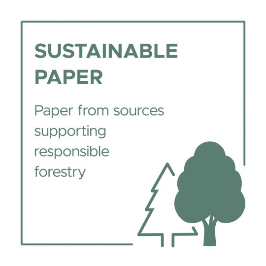 Slika promovira održivi papir, navodeći da potječe iz izvora koji podržavaju odgovorno šumarstvo, popraćeno ilustracijama stabala.