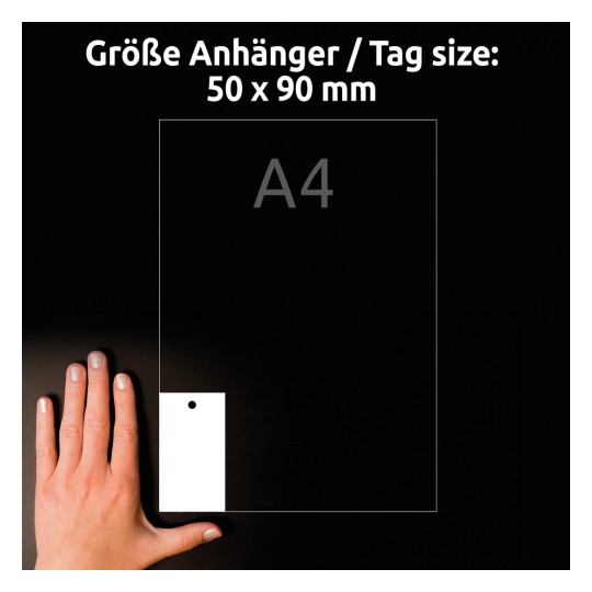 Usporedba veličine s rukom, Artikle: T1001-10, jedan list privjesak, Format: 90 x 50 mm, Boja: Bijela?