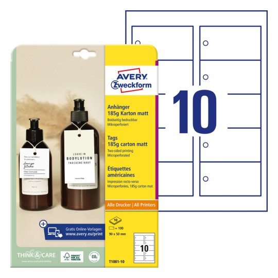 Slika pakiranja s listom naljepnica: Avery Zweckform privjesci, artikl: T1001-10, format: 90 x 50 mm, prikladnost za pisač: injekt, crno-bijeli laser, laserski pisač u boji, sadržaj: 100 privjesaka / 10 listova, 10 privjesaka/list.