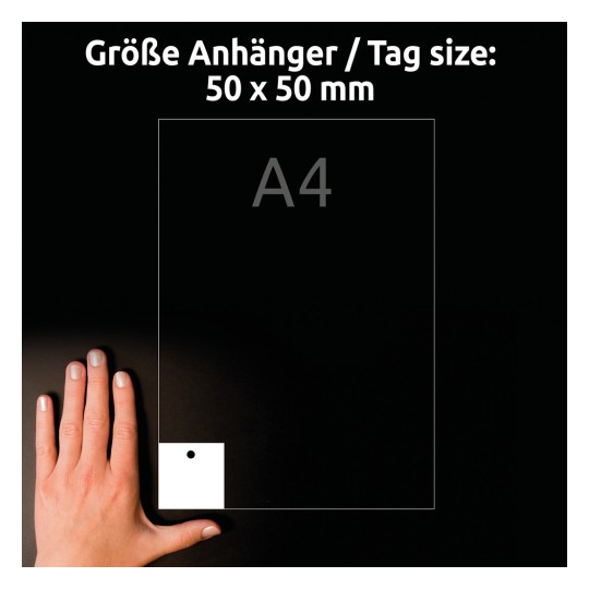 Usporedba veličine s rukom, Artikl: T1002-10, jedan list privjeska, Format: 50 x 50 mm, Boja: Bijela?