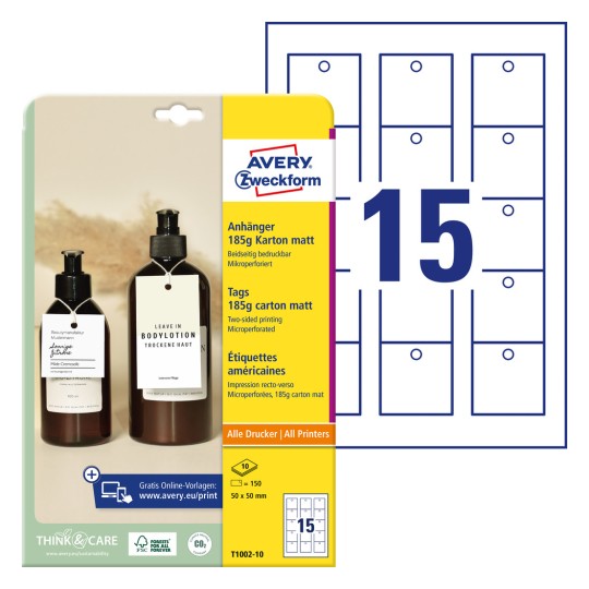 Slika pakiranja s listom naljepnica: Avery Zweckform privjesci, artikal: T1002-10, format: 50 x 50 mm, prikladnost za ispis: inkjet, laserski crno/bijelo, laserski u boji, sadržaj: 150 privjesaka / 10 listova, 15 privjesaka/list.