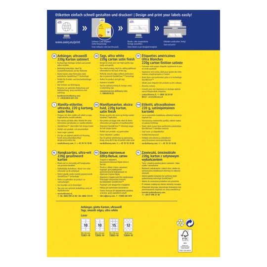 Slika sadrži višejezični popis naljepnica i oznaka koje proizvodi Avery, uključujući specifikacije kao što su veličina, materijal i savjeti za ispis. Sadrži odjeljke na njemačkom, engleskom, francuskom, danskom, finskom, nizozemskom, ruskom i poljskom jeziku.