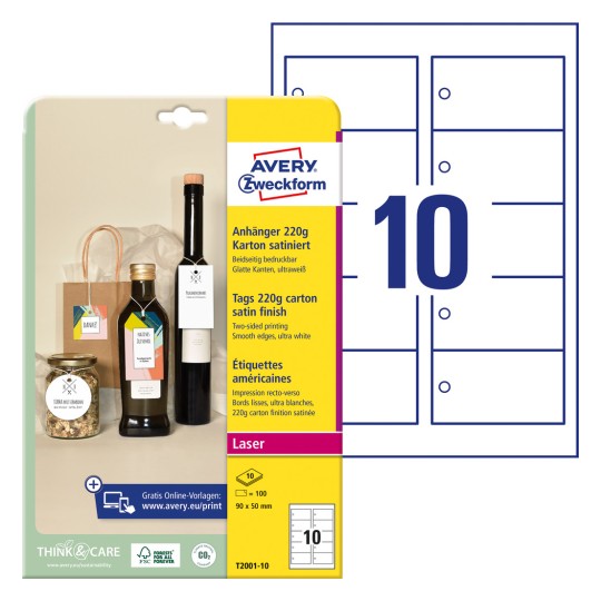 Slika pakiranja s listom naljepnica: Avery Zweckform privjesci, Artikl: T2001-10, Format: 90 x 50 mm, Pogodno za ispis: Laser crno/bijelo, kolor laser, Sadržaj: 100 privjesaka / 10 listova, 10 privjesaka po listu?