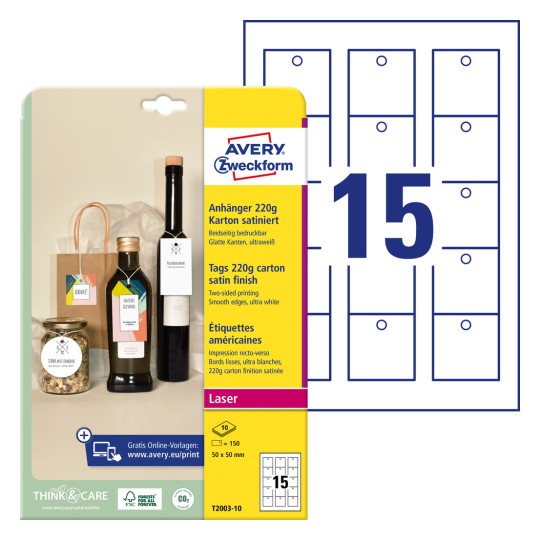 Slika pakiranja s listom naljepnica: Avery Zweckform privjesci, Artikl: T2003-10, Format: 50 x 50 mm, Prikladno za ispis: crno-bijeli laser, laserski u boji, Sadržaj: 150 privjesaka / 10 listova, 15 privjesaka/list?