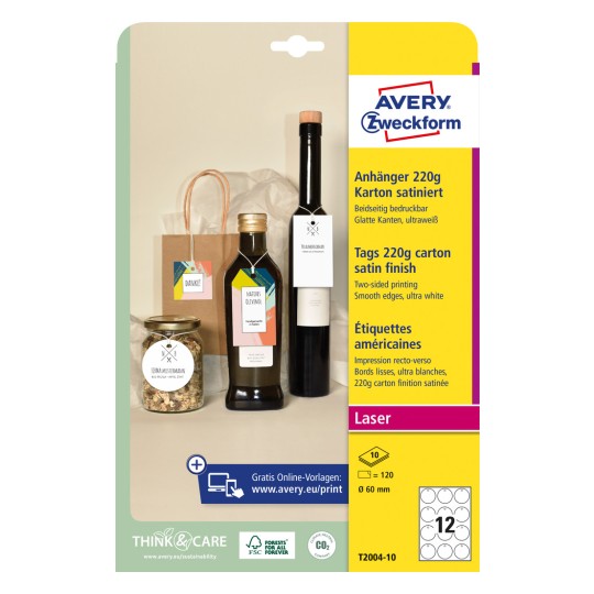 Slika pakiranja: Avery Zweckform, Artikl: T2004-10, Format: ⌀ 60 mm, Pogodno za ispis: crno-bijeli laser, laserski pisači u boji, Sadržaj: 120 oznaka / 10 listova, 12 oznaka/list?