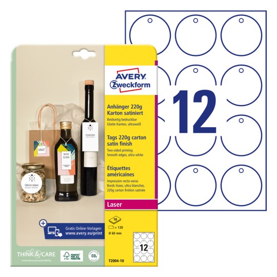 Slika pakiranja s listom naljepnica: Avery Zweckform oznake, artikl: T2004-10, format: ⌀ 60 mm, prikladnost za tiskanje: laserski crno-bijeli, laserski u boji, sadržaj: 120 oznaka / 10 listova, 12 oznaka/list.