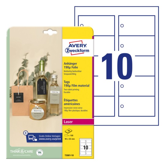 Slika pakiranja s listom naljepnica: Avery Zweckform privjesci, Artikal: T3001-10, Format: 90 x 50 mm, Pogodnost za tiskanje: laserski b/w, kolor laser, Sadržaj: 100 privjesaka / 10 listova, 10 privjesaka po listu?