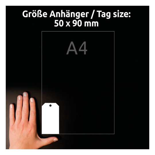 Usporedba veličine s rukom, artikl: T3002-10, jedan list privjesaka, format: 90 x 50 mm, boja: bijela.