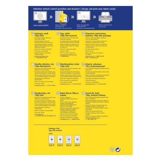 Informativna slika o raznim proizvodima s etiketama tvrtke Avery, koja prikazuje specifikacije, jezike i kontaktne informacije za jednostavno kreiranje i ispis oznaka i naljepnica.