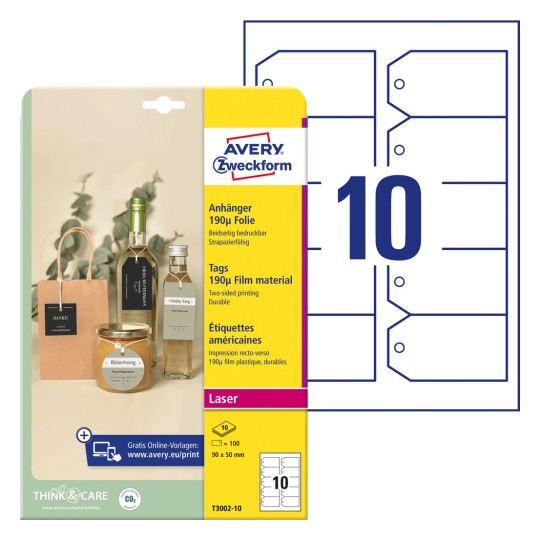 Slika pakiranja s etiketama: Avery Zweckform privjesci, artikl: T3002-10, format: 90 x 50 mm, prikladnost za ispis: crno/bijeli laser, kolor laser, sadržaj: 100 privjesaka / 10 listova, 10 privjesaka/list?