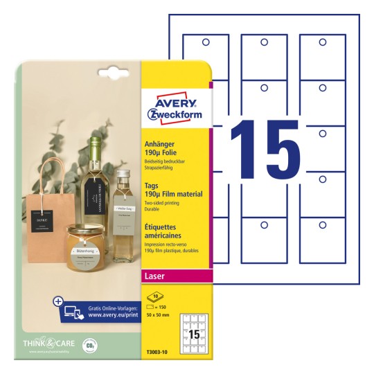 Slika pakiranja s listom naljepnica: Avery Zweckform privjesci, artikl: T3003-10, format: 50 x 50 mm, prikladno za ispis: crno-bijeli laser, laserski u boji, sadržaj: 150 privjesaka / 10 listova, 15 privjesaka/list?