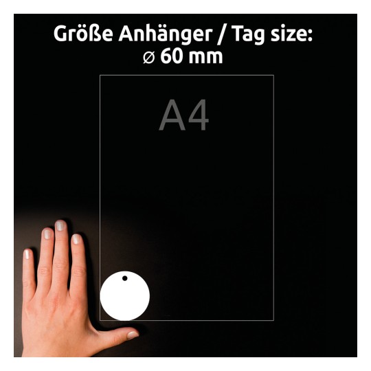 Usporedba veličine s rukom, Artikl: T3004-10, jedan list privjeska, Format: ⌀ 60 mm, Boja: Bijela?