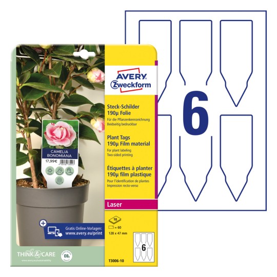 Pakiranje s etiketama: Avery Zweckform Steck-Šildovi, Artikl: T3006-10, Format: 128 x 47 mm, Prikladno za ispis: laserski crno-bijeli, laserski u boji, Sadržaj: 60 komada / 10 listova, 6 komada/list?