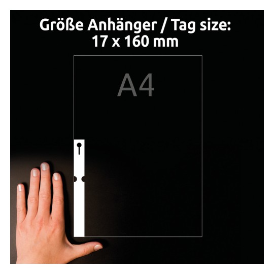 Usporedba veličine s rukom, artikal: T3007-10, jedan list štitnih privjesaka, format: 160 x 17 mm, boja: bijela?