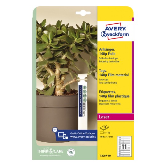 Slika pakiranja: Avery Zweckform, Artikl: T3007-10, Format: 160 x 17 mm, Prikladnost za ispis: crno-bijeli laser, laserski printer u boji, Sadržaj: 110 privjesaka / 10 listova, 11 privjesaka po listu.