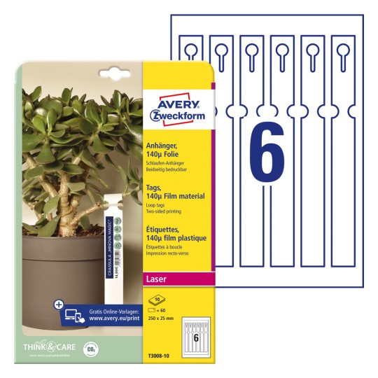 Slika pakiranja s arkom etiketa: Avery Zweckform vezni privjesci, Artikl: T3008-10, Format: 250 x 25 mm, Pogodno za ispis: crno-bijeli laser, laserski u boji, Sadržaj: 60 privjesaka / 10 araka, 6 privjesaka/arak?