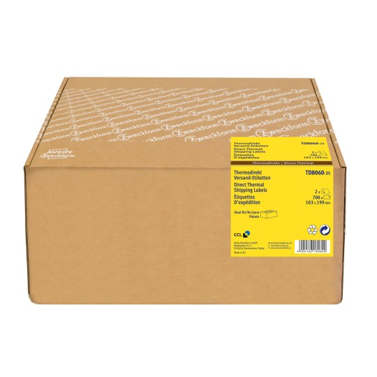 Slika pakiranja: Avery Zweckform termo-etikete, Artikl: TD8060-25, Format: 103 x 199 mm, Prikladno za pisače: termodirektni pisači, Sadržaj: 700 etiketa / 2 role, 350 etiketa/rola?
