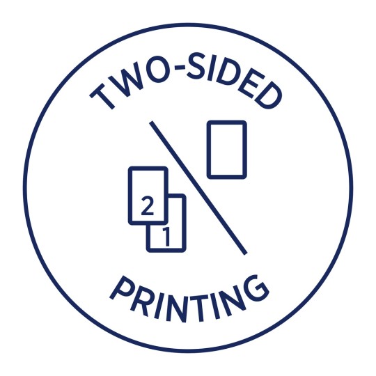 Slika prikazuje kružni znak s tekstom 'DVOSTRANO PRINTANJE'. Prikazane su dvije složene kartice, jedna označena s '1' i druga s '2', zajedno s jednom karticom s desne strane. Dizajn naglašava koncept printanja na obje strane.