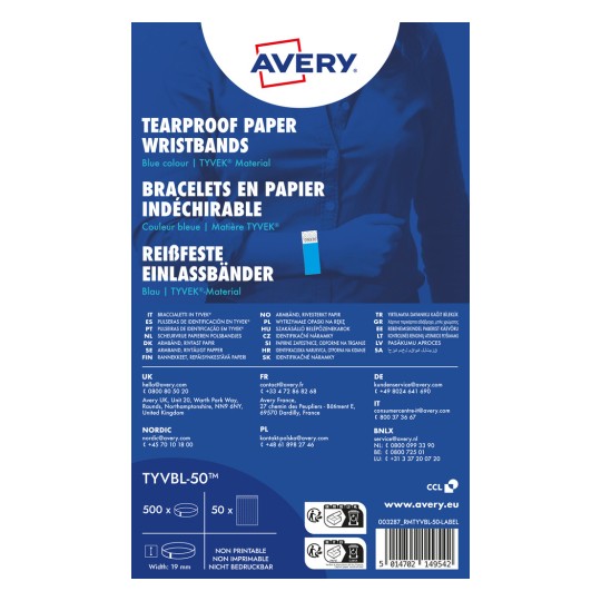 Prikaz proizvoda: Avery Zweckform, Artikl: TYVBL-50, narukvice za ulaz, 19 x 256 mm, malo pakiranje, 500 narukvica / 50 listova.