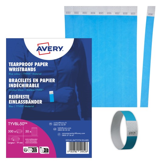 Slika prikazuje paket plavih otpornych papirnatih narukvica izrađenih od TYVEK materijala, s prikazom modela koji nosi jednu. Uključuje detalje o proizvodu i dizajnu pakiranja.