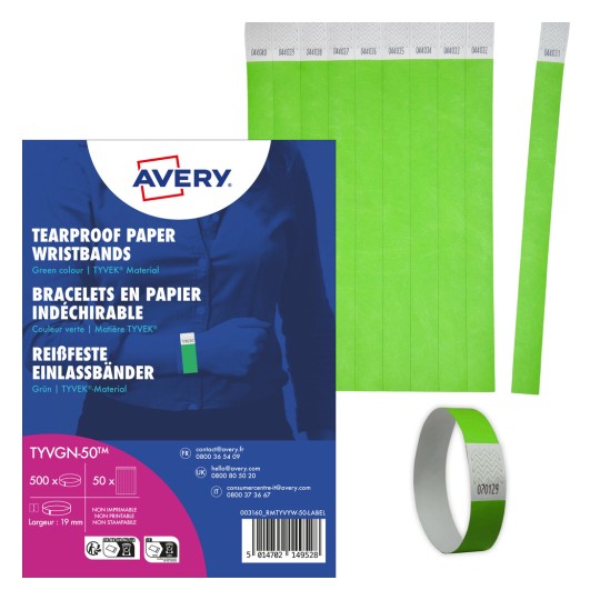 Slika prikazuje paket zelenih narukvica otpornih na kidanje izrađenih od TYVEK materijala, s nekoliko prikazanih narukvica i vidljivim informacijama o pakiranju.