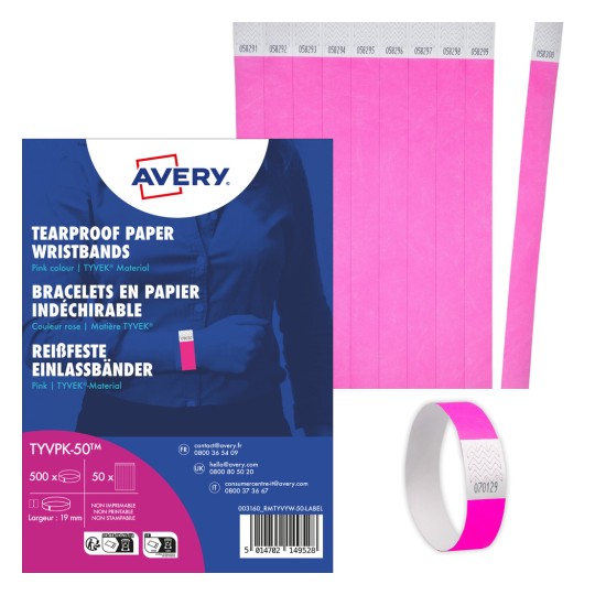 Slika prikazuje paket Averyjevih ružičastih otpornih papirnatih narukvica, prikazujući pakiranje i nekoliko narukvica.