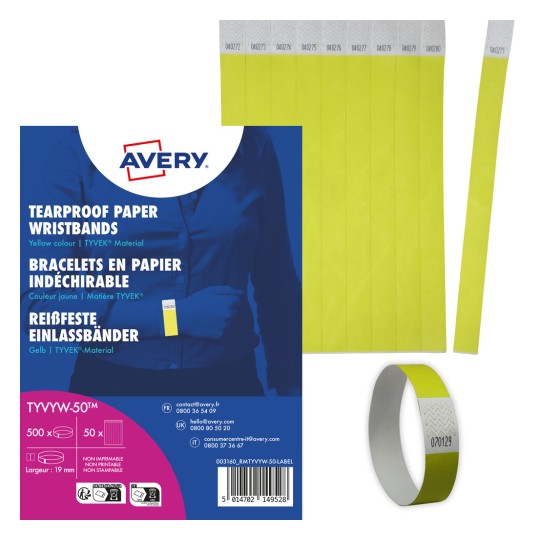 Slika prikazuje paket nepropusnih papirnatih narukvica u žutoj boji, izrađenih od TYVEK materijala, s različitim serijskim brojevima. Uključen je primjerak narukvice za demonstraciju.