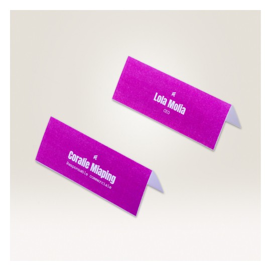 Slika prikazuje dvije vizitke na pastelnoj pozadini. Prva kartica prikazuje 'Lola Molia, CEO', a druga kartica čita 'Coralie Miaping, Responsable commerciale', oboje u bijelom tekstu na ljubičastoj pozadini.